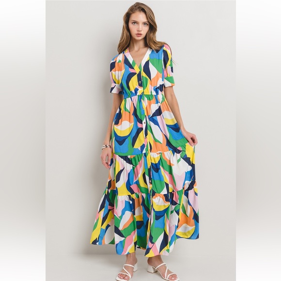 38 Beautiful Multi Color Tiered Button Down Maxi Dress - Picture 2 of 5